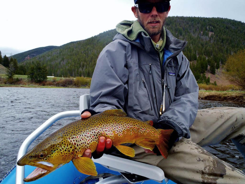 A man holding a brown fish while sitting on top of a boat.